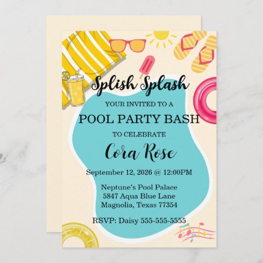 Splish Splash Pool Party Bash Birthday Einladung (Vorne/Hinten)