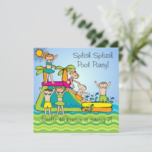 Splish Splash Pool Party Custom Schwimmen Geburtst Einladung (Stehend Vorderseite)