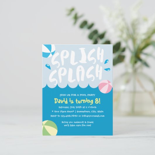 Splish Splash Pool Party Geburtstag Einladung (Stehend Vorderseite)