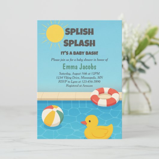 Splish Splash Pool Party Kinderdusche Einladung (Stehend Vorderseite)
