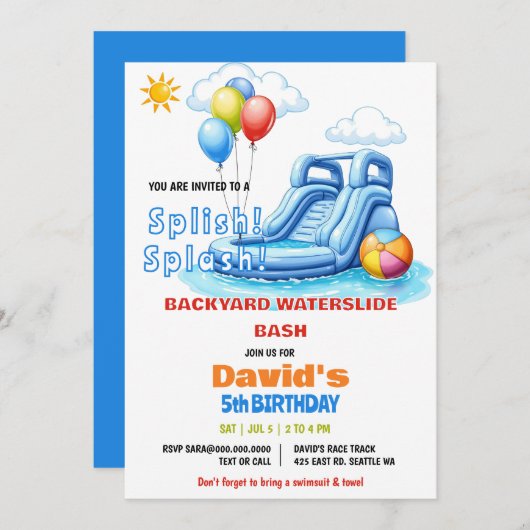 Splish Splash Pool Party Wasserrutsche Geburtstag Einladung (Vorne/Hinten)