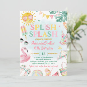 Splish Splash Poolparty-Mädchen-Rosa Geburtstag Einladung