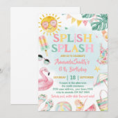 Splish Splash Poolparty-Mädchen-Rosa Geburtstag Einladung (Vorne/Hinten)