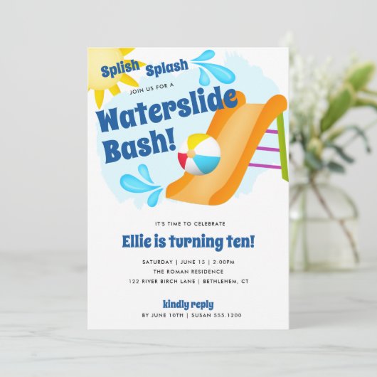 Splish Splash Wasserrutsche Bash, Sommerspass Gebu Einladung (Stehend Vorderseite)