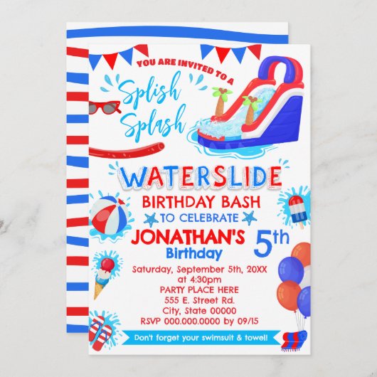 Splish Splash Waterslide Birthday Red White Blue Einladung (Vorne/Hinten)