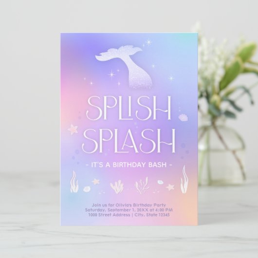 Splish Splash Whimsical Funkelnd Mermaid Geburtsta Einladung (Stehend Vorderseite)