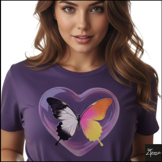 Split Butterfly Monochrome Neon Heart Graphic T-Shirt