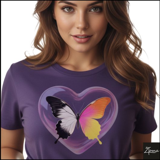 Split Butterfly Monochrome Neon Heart Graphic T-Shirt
