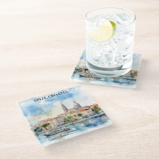 Split Croatia Dalmatien Wasserfarbe Glasuntersetzer (Schrägansicht)
