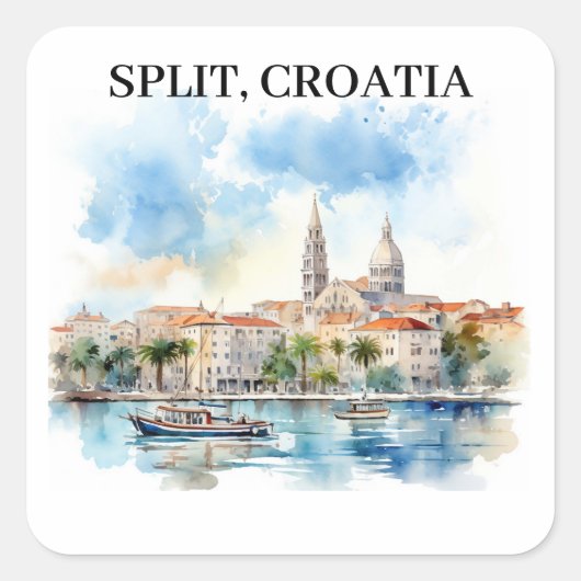 Split Croatia Dalmatien Wasserfarbe Quadratischer Aufkleber (Vorderseite)
