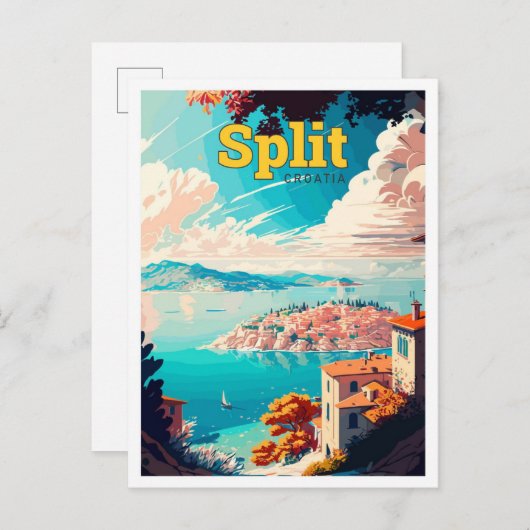 Split Croatia Reisen Vintage Illustration Postkarte (Vorne/Hinten)