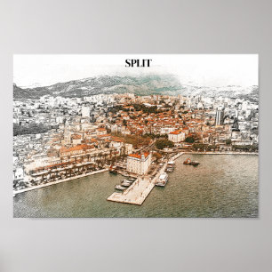 Split Croatia Vintager Hafen Zeichnend Poster