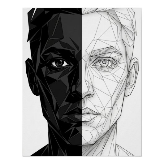 Split Face Low Poly Geometric Line Art Poster (Vorderseite)