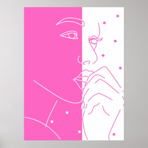 Split Face Pink and White Polka Dot Line Art Poster