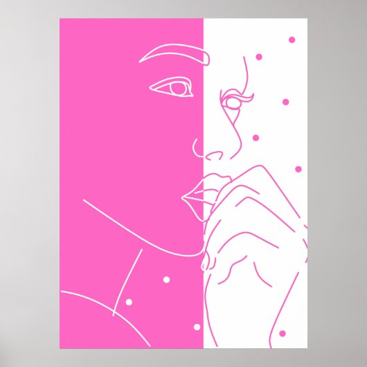 Split Face Pink and White Polka Dot Line Art Poster (Vorne)