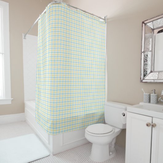 Split image showing a pastel plaid shower curtain duschvorhang (Beispiel)