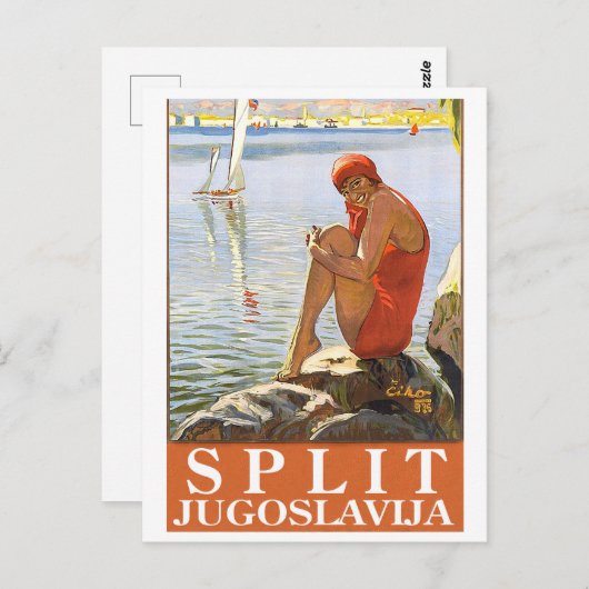 Split, Jugoslawien, Mädchen auf dem Felsen am Meer Postkarte (Vorne/Hinten)