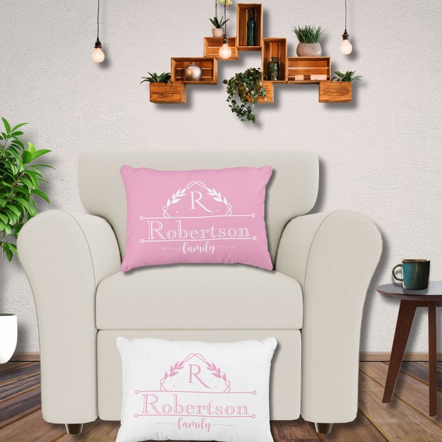 Split Monogram Family Name Baby Pink Frame Dekokissen (Von Creator hochgeladen)