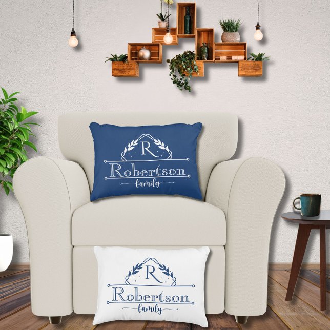 Split Monogram Family Name Midnight Blue Frame Dekokissen (Von Creator hochgeladen)