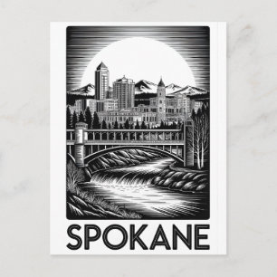Spokane Washington Skyline Schwarz Weiß Holzschnit Feiertagspostkarte