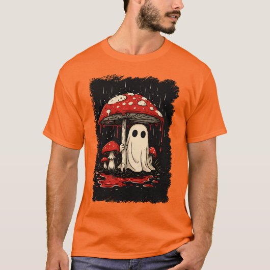 Spooker Niedlicher Geist unter blutigem Pilzregen T-Shirt (Vorderseite)