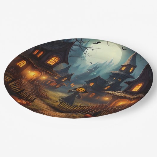 Spookes Halloween-Dorf mit Scare Crow Pappteller (Schrägansicht)