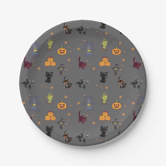 Spookes Halloween-Muster mit schwarzen Katzen, Kür Pappteller (Vorderseite)