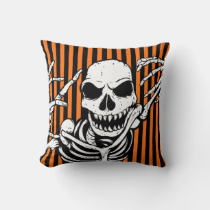 Spookes Halloween Skeleton Orange Black Strip Kissen