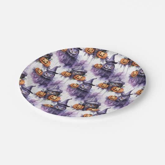 Spookes Kürbis, Halloween-Muster Pappteller (Schrägansicht)