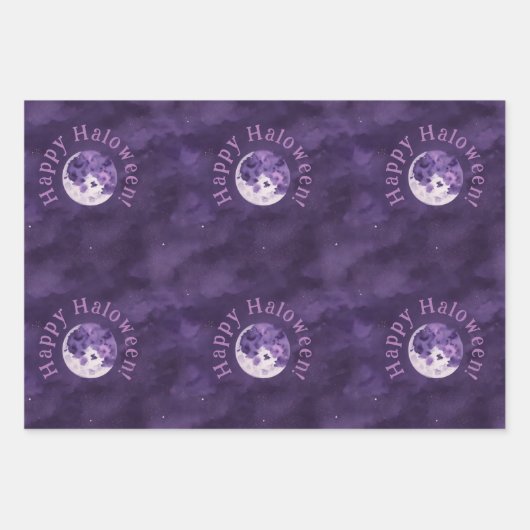 Spookes Lila Halloween Night Moon Wasserfarbe Geschenkpapier Set (Vorderseite 2)