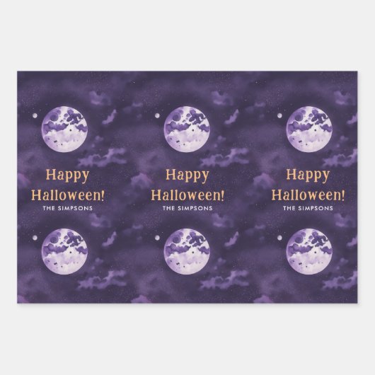 Spookes Lila Halloween Night Moon Wasserfarbe Geschenkpapier Set (Vorderseite)