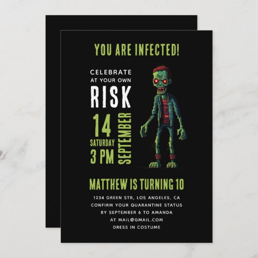 Spookes lustiges schwarzes Zombie-Kindergeburtstag Einladung (Vorne/Hinten)