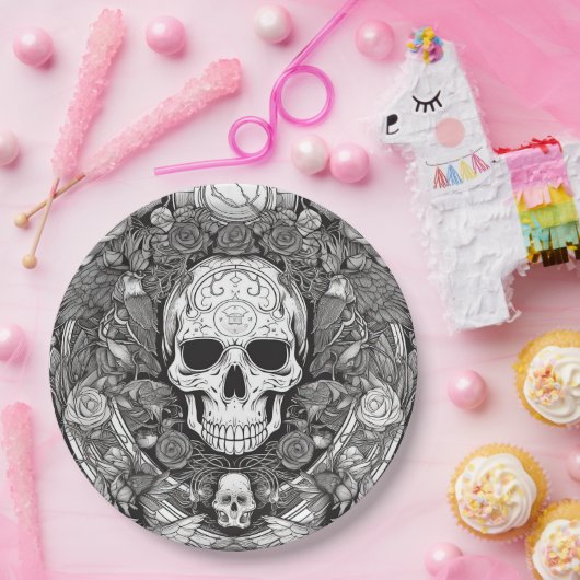 Spookes Schwarz-Weiß-Schädel-Halloween-Party Pappteller (Party)