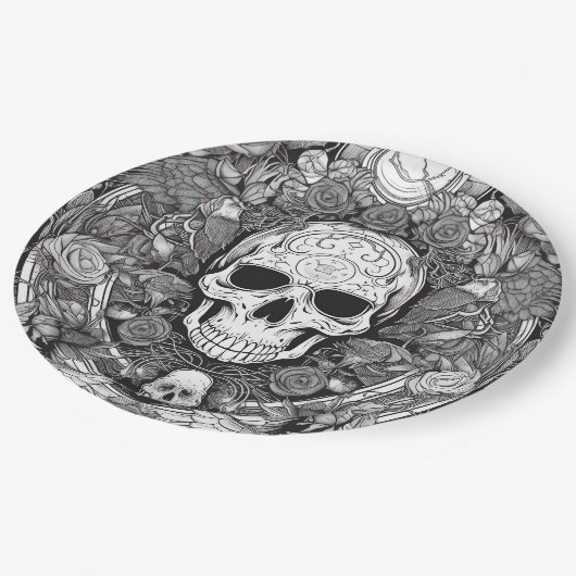 Spookes Schwarz-Weiß-Schädel-Halloween-Party Pappteller (Schrägansicht)