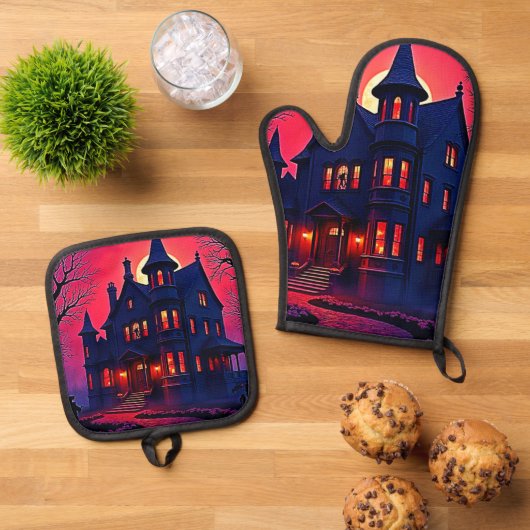 Spookes Spuk Haus im Dusk Design Ofenhandschuh & Topflappen-Set (Oben Unten)