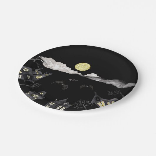 Spookes städtisches WasserfarbenHalloween Pappteller (Schrägansicht)