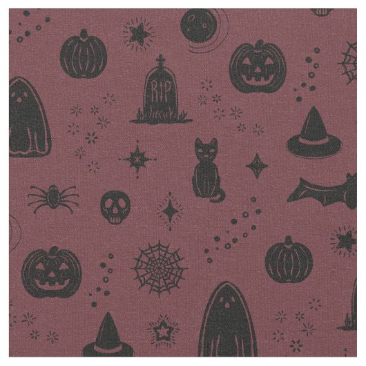 Spookie Dinge Muster - Wein + Kohlestoff Stoff (Nahaufnahme)