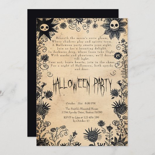 Spookke Blume und Gedicht-Halloween-Party Einladung (Vorne/Hinten)