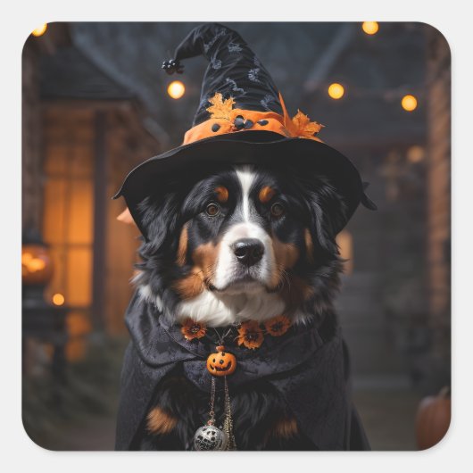 Spooktacular Bernese Dog: Ein Halloween-Howl-o-Wee Quadratischer Aufkleber (Vorderseite)