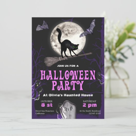 Spooktacular Black Cat Halloween-Party Einladung (Stehend Vorderseite)