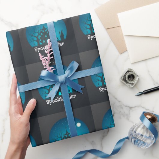 Spooktacular Blau und Schwarz Spuk Haus Geschenkpapier (Schenken)