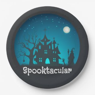 Spooktacular Blau und Schwarz Spuk Haus Pappteller