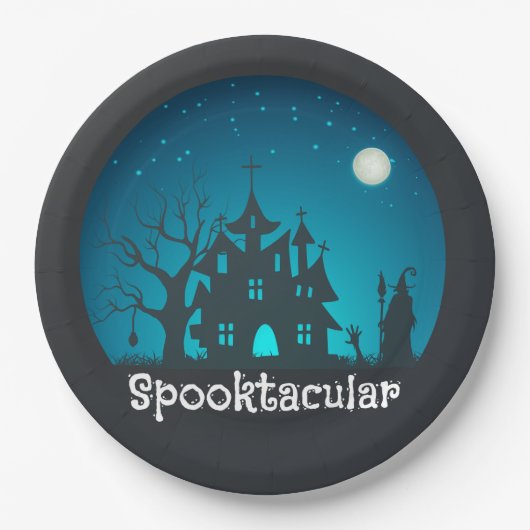Spooktacular Blau und Schwarz Spuk Haus Pappteller (Vorderseite)