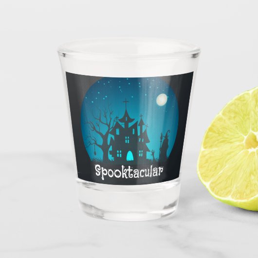 Spooktacular Blau und Schwarz Spuk Haus Schnapsglas (Vorderseite)