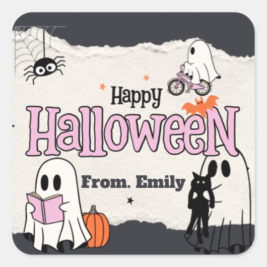 Spooktacular niedlich rosa Halloween-Party Einladu Quadratischer Aufkleber (Vorderseite)