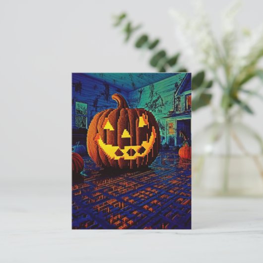 Spooky 8-Bit-Kürbislaterne Postkarte (Stehend Vorderseite)