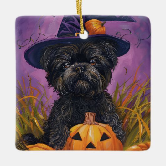 Spooky Affenpinscher Halloween Hexe und Pumpkin Keramikornament (Vorderseite)