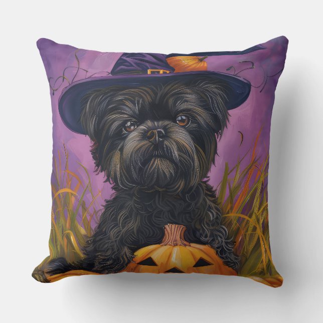 Spooky Affenpinscher Halloween Hexe und Pumpkin Kissen (Vorderseite)