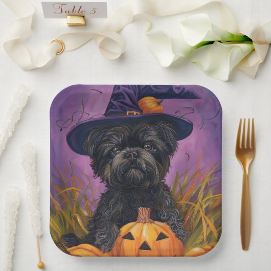 Spooky Affenpinscher Halloween Hexe und Pumpkin Pappteller (Hochzeit)