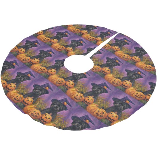 Spooky Affenpinscher Halloween Hexe und Pumpkin Polyester Weihnachtsbaumdecke (Schrägansicht)